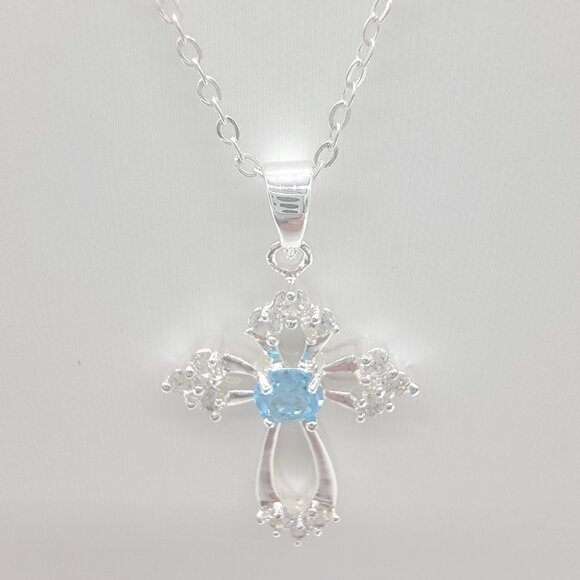 Silver Tone and Blue Crystal Cross Religious Pendant on Silver‎ Tone Chain NEW - Picture 1 of 6